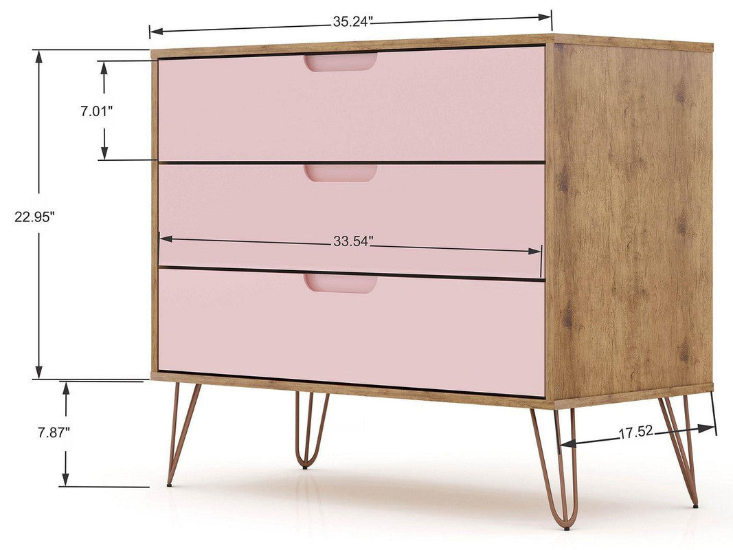 Nuuk 3-Drawer Dresser - Nature/Rose Pink