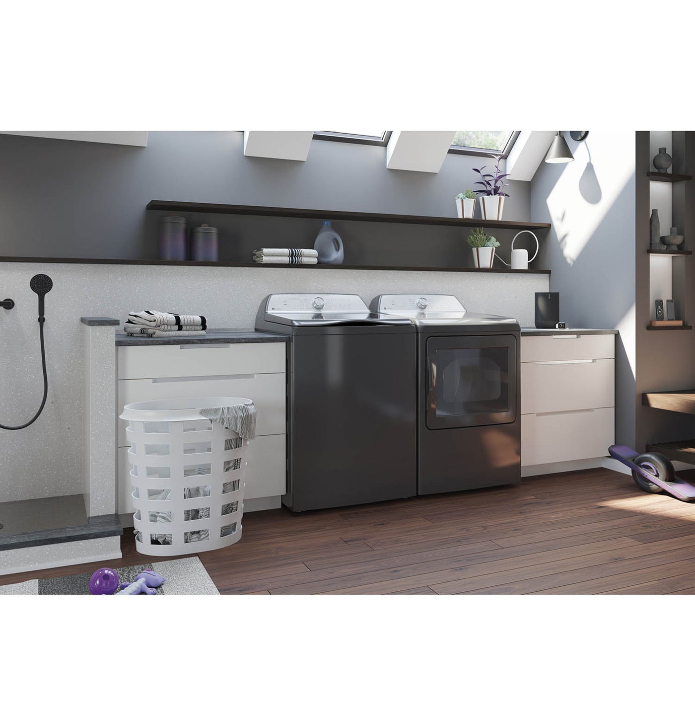 GE Profile Diamond Grey Top Load Washer (5.8 IEC cu. ft.) & GE Profile Diamond Grey Electric Dryer (7.4 cu. ft.) - PTW600BPRDG/PTD60EBMRDG