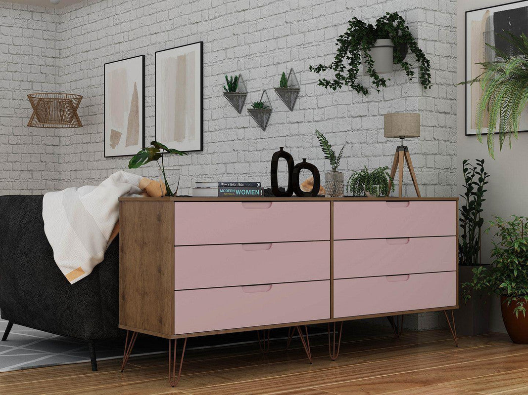 Nuuk 6-Drawer Double Dresser - Nature/Rose Pink