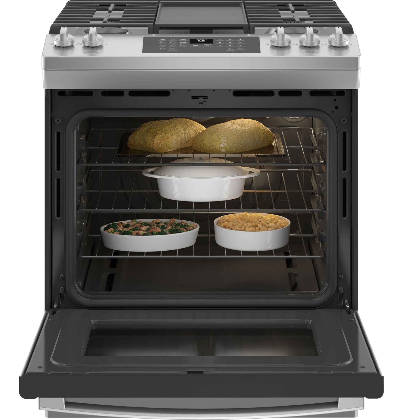 GE Stainless Steel 30" Slide-In Gas Convection Range with Air Fry (5.6 Cu. Ft.) - JCGS760SPSS