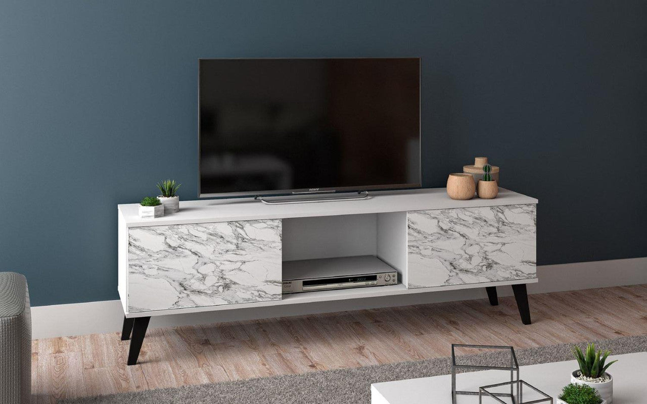 Derbent 53.5" TV Stand - White/Marble Stamp