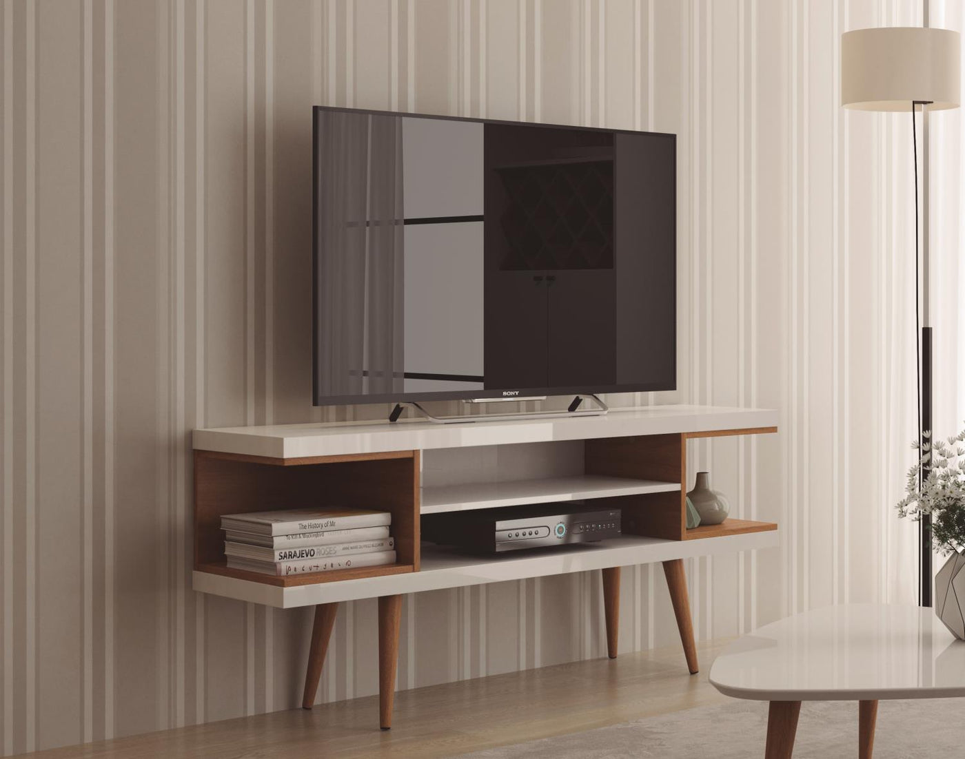Aketi 53" TV Stand - White Gloss/Maple Cream