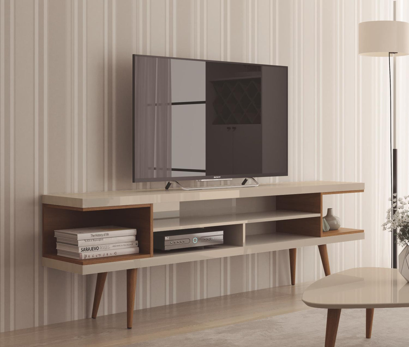 Aketi 70" TV Stand - Off White/ Maple Cream