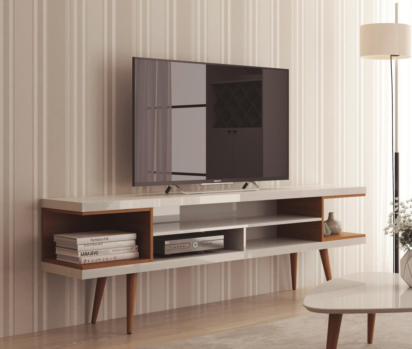 Aketi 70" TV Stand - White/Maple Cream