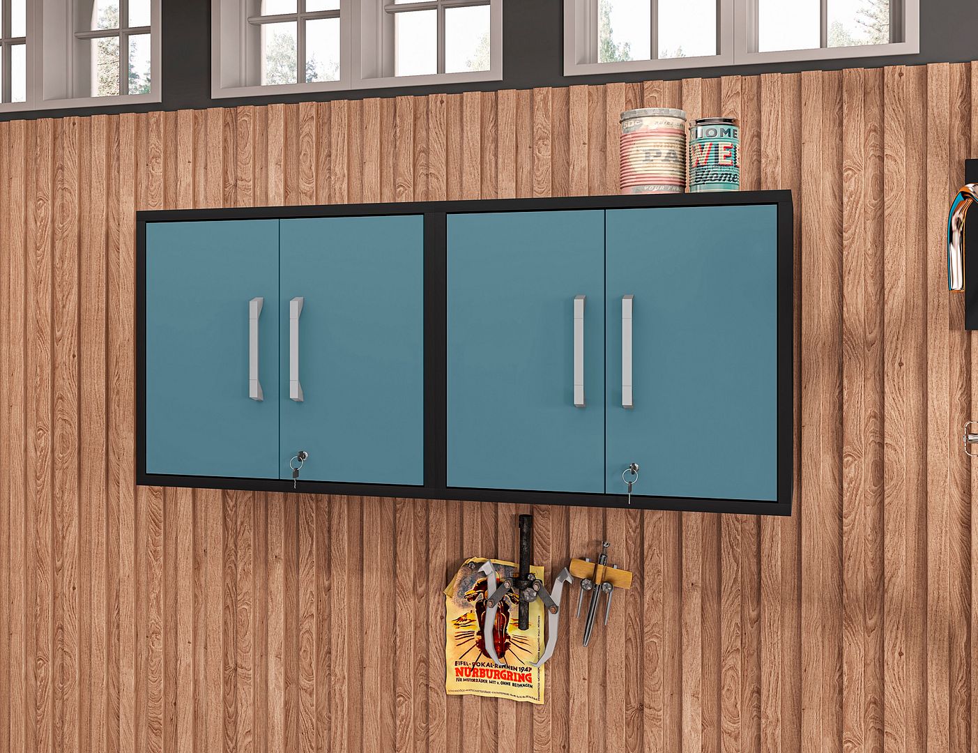 Lunde Floating Garage Cabinet - Matte Black/Aqua Blue - Set of 2