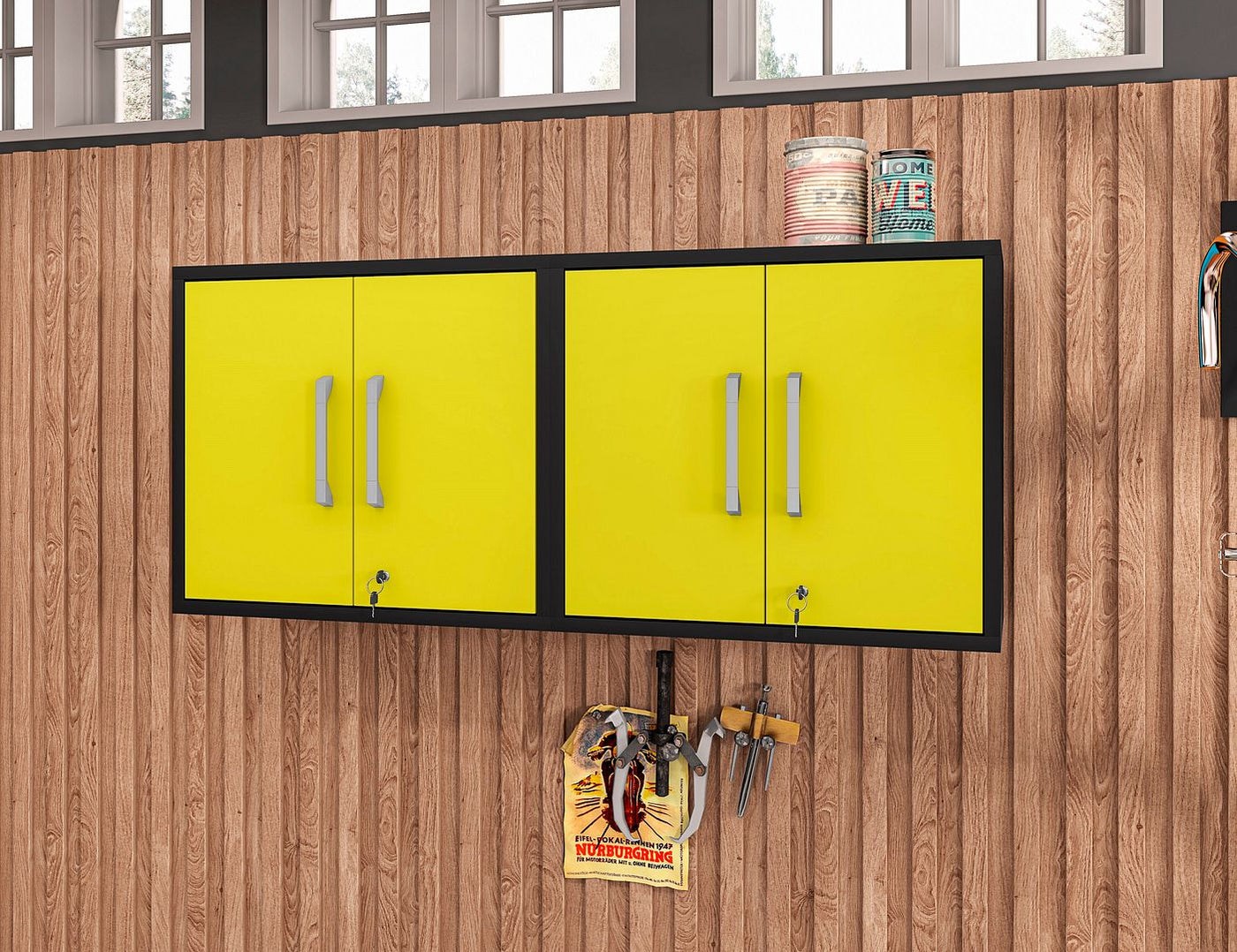 Lunde Floating Garage Cabinet - Matte Black/Yellow - Set of 2