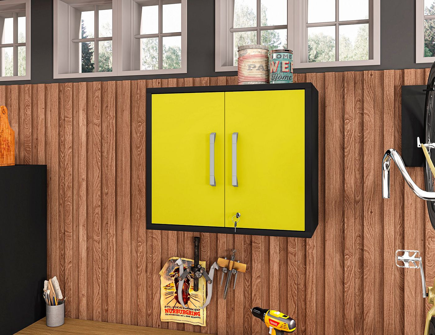 Lunde Floating Garage Cabinet - Matte Black/Yellow - Set of 2