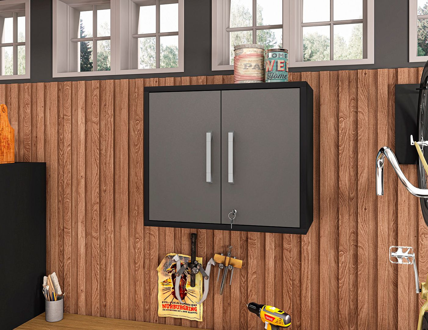 Lunde Floating Garage Cabinet - Matte Black/Grey - Set of 2