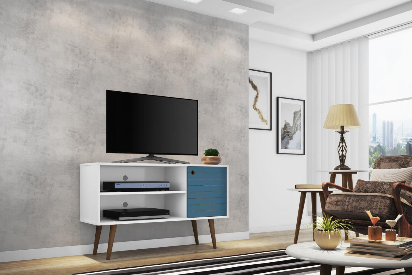 Lekedi 42" TV Stand - Gloss White/Aqua Blue