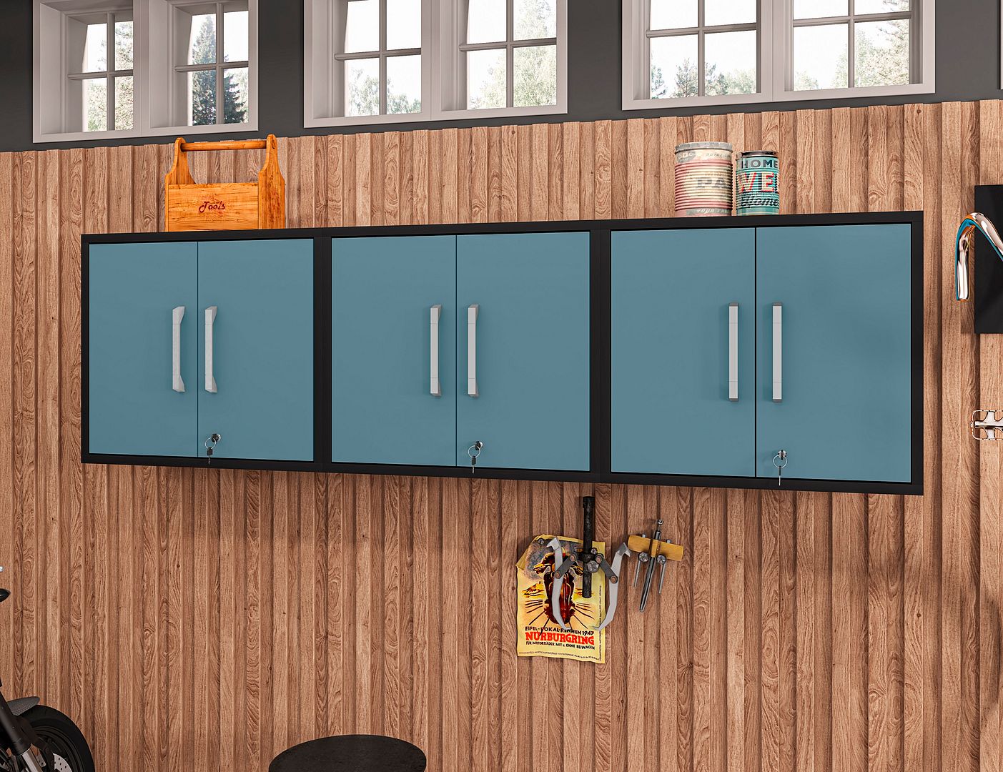 Lunde Floating Garage Cabinet - Matte Black/Aqua Blue - Set of 3
