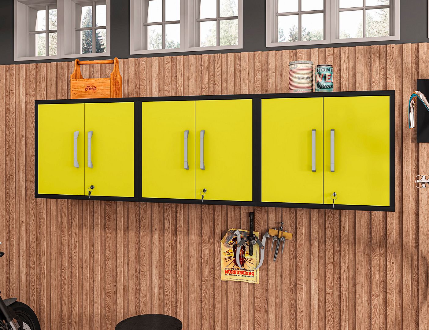 Lunde Floating Garage Cabinet - Matte Black/Yellow - Set of 3