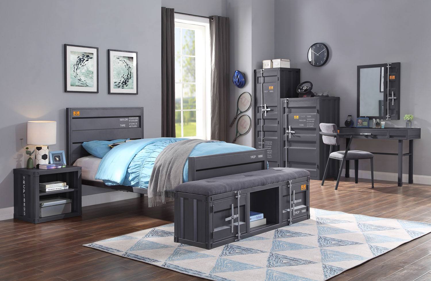 Konto Industrial Nightstand / End Table - Gunmetal Grey