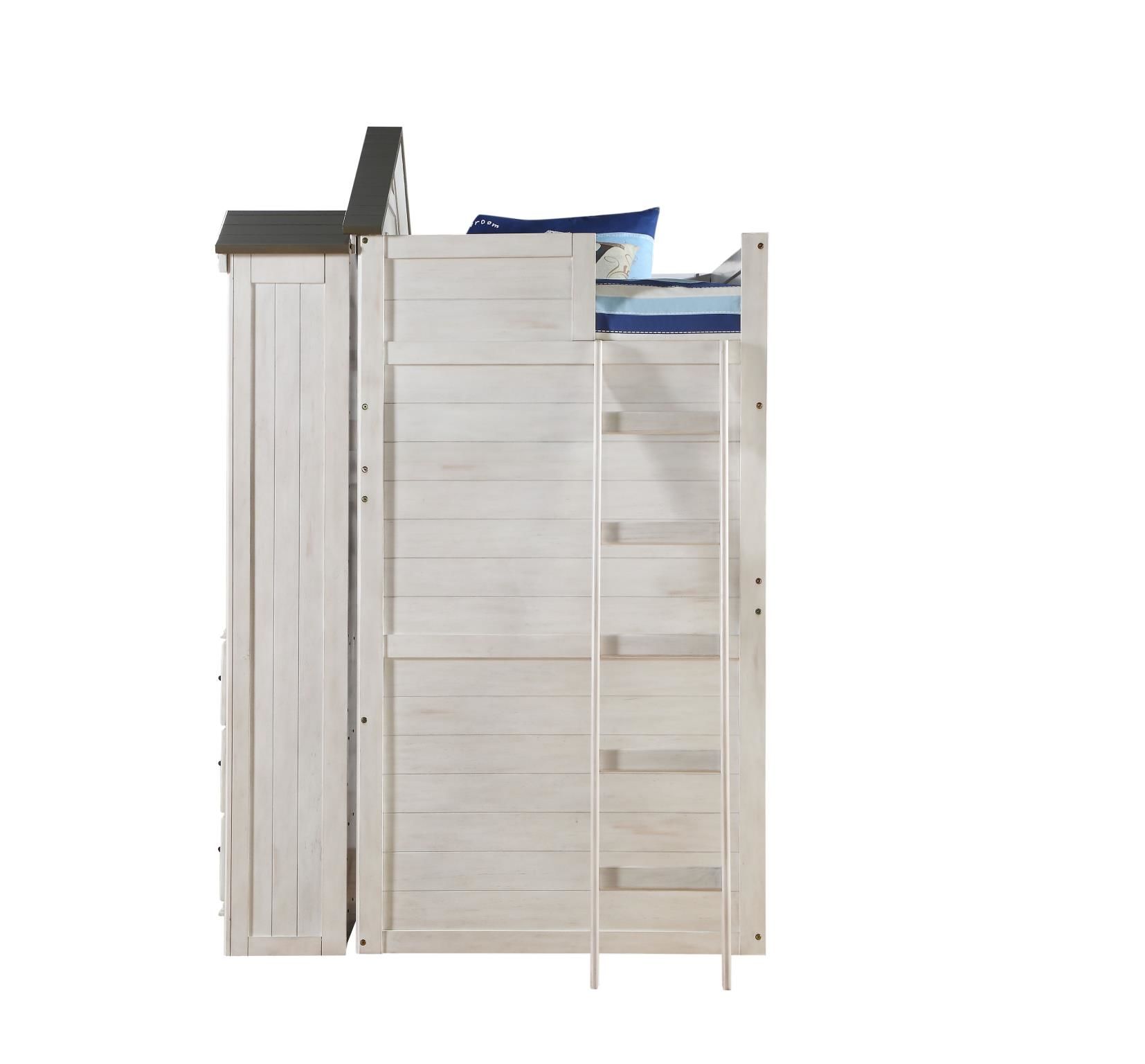 Djalu Twin Tree House Loft Bed with Bookcase - Weathered White