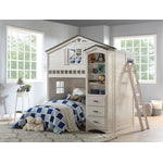 Djalu Twin Tree House Loft Bed with Bookcase - Weathered White