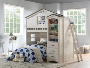 Djalu Twin Tree House Loft Bed with Bookcase - Weathered White