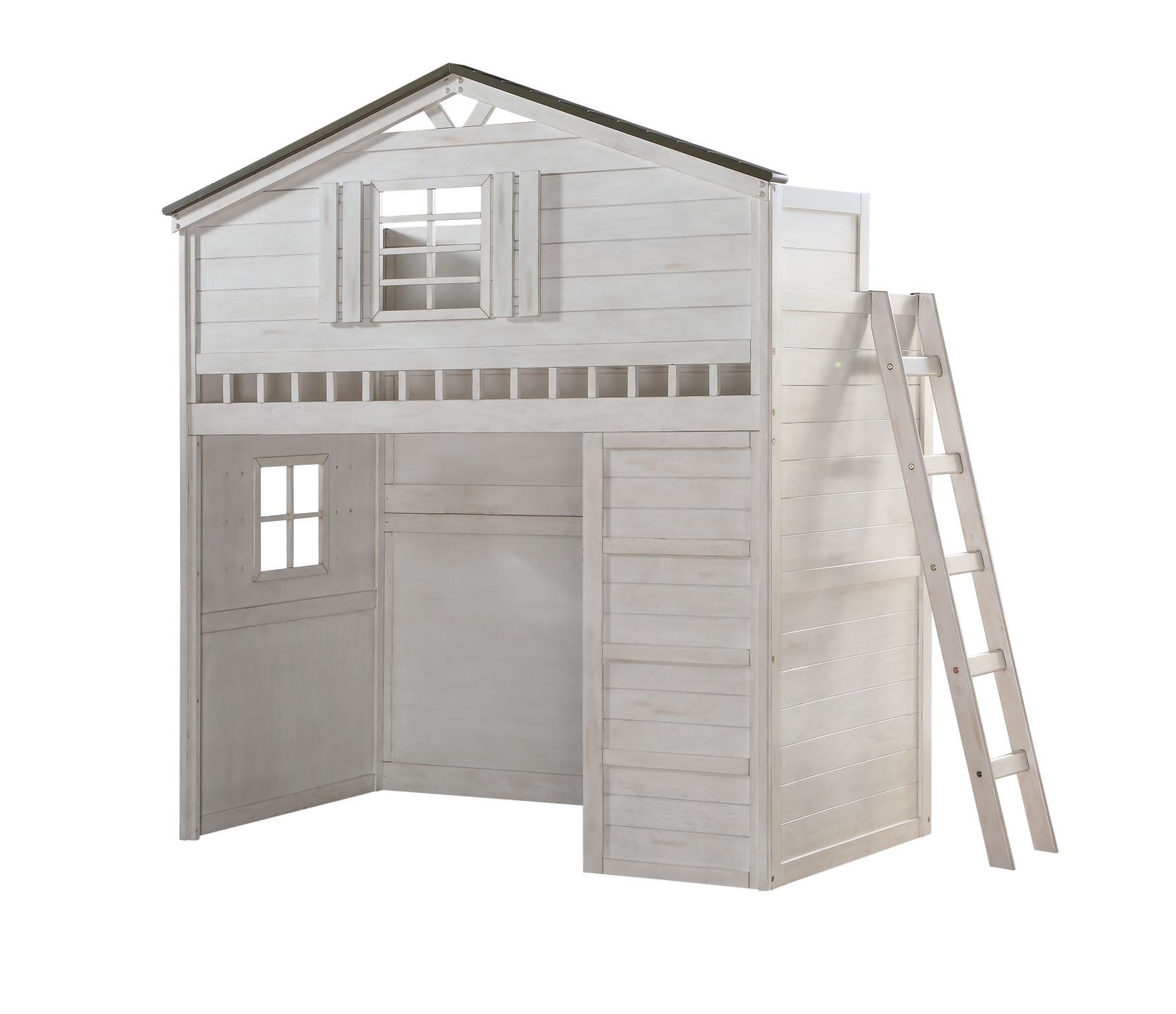 Djalu Twin Tree House Loft Bed with Bookcase - Weathered White