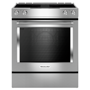 KitchenAid Stainless Steel 30” Front Control Slide-In Electric Convection Downdraft Range (6.4 Cu. Ft.) - KSEG950ESS