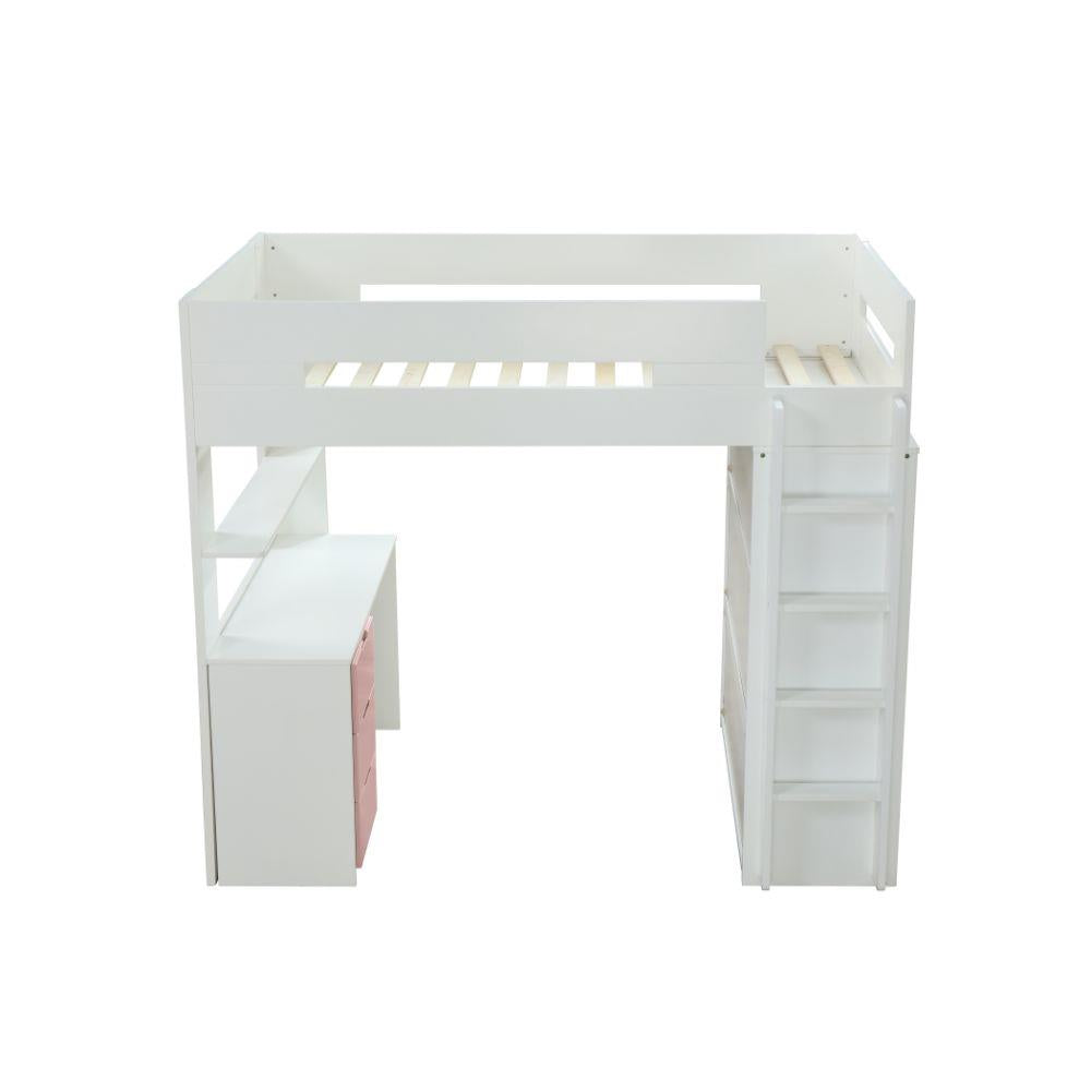 Mangana Twin Loft Bed with Bookcase - White/Pink
