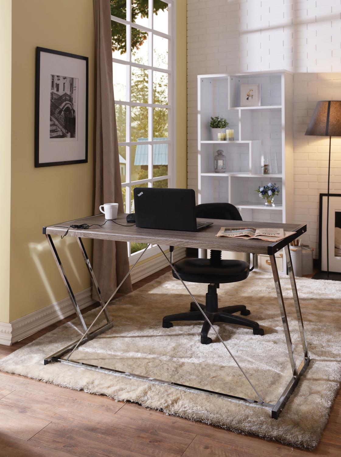 Roco Desk with USB Dock - Weathered Oak and Chrome