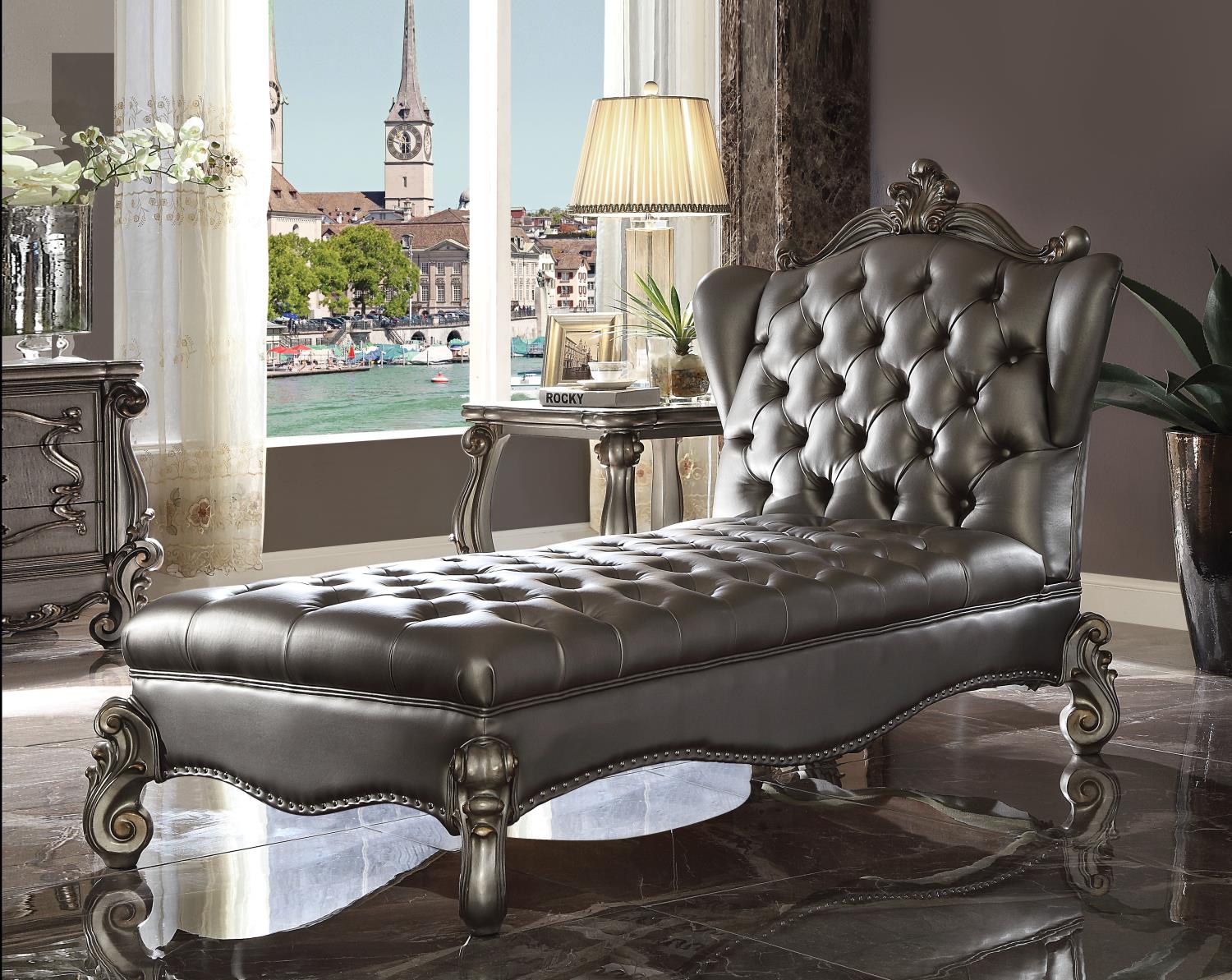Escalera Chaise Lounge - Silver and Antique Platinum