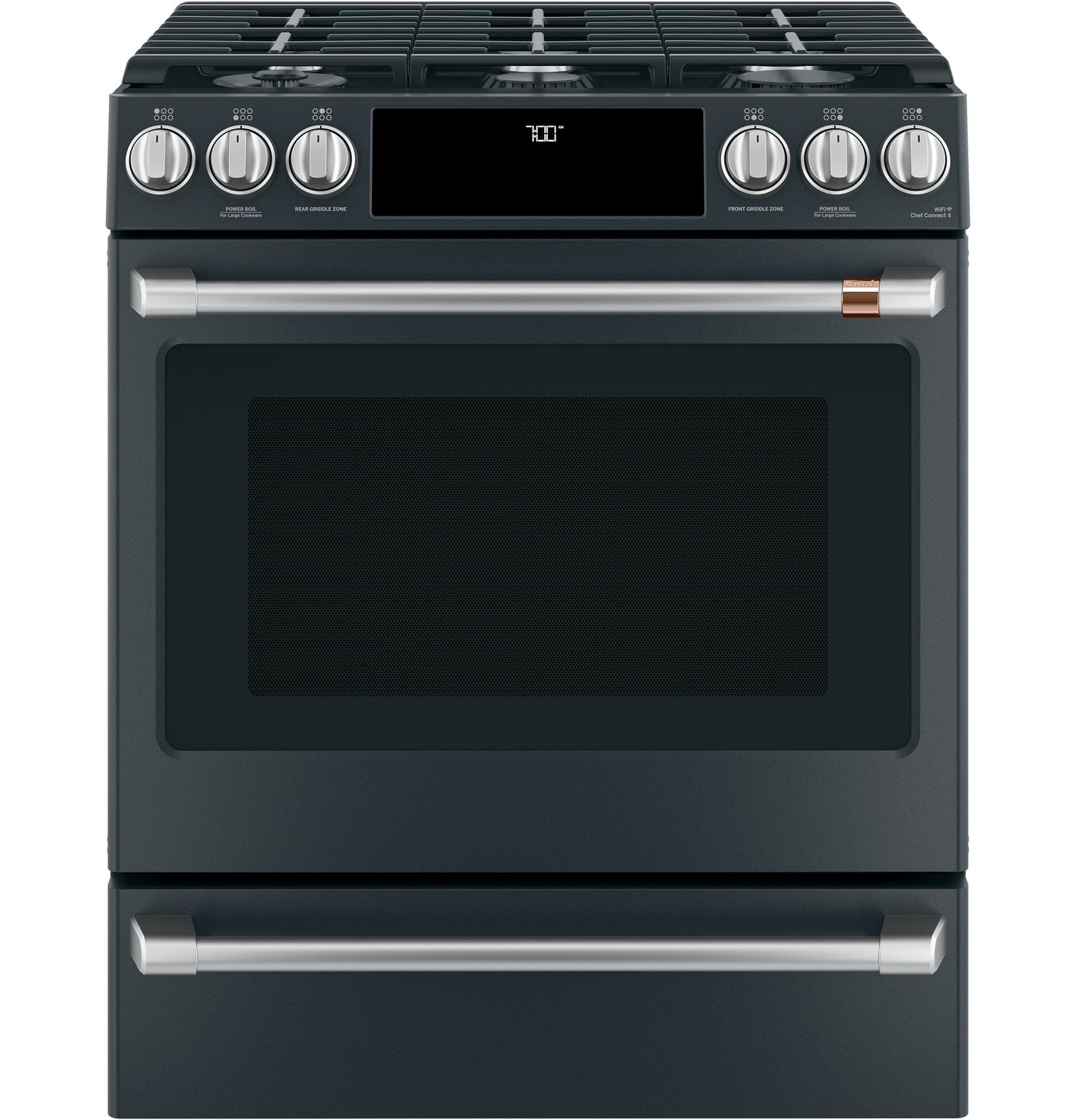 Café™ Matte Black 30" Slide-In Front Control Gas Oven with Convection Range and Air Fry (5.6 Cu.Ft) - CCGS700P3MD1