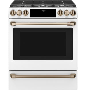 Café™ Matte White 30'' Slide-In Front Control Gas Oven with Convection Range and Air Fry (5.6 Cu.Ft) - CCGS700P4MW2