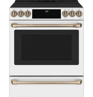 Café™ Matte White 30'' Slide-In Front Control Induction and Convection Range with Warming Drawer (5.7 Cu.Ft) - CCHS900P4MW2