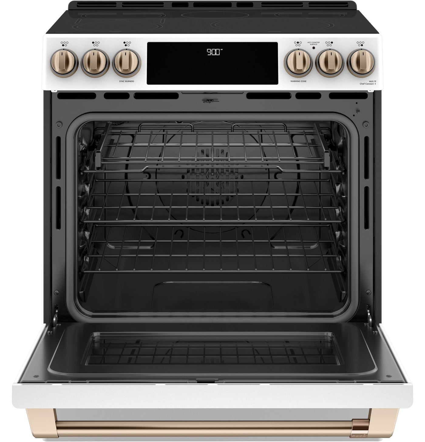 Café™ Matte White 30'' Slide-In Front Control Induction and Convection Range with Warming Drawer (5.7 Cu.Ft) - CCHS900P4MW2
