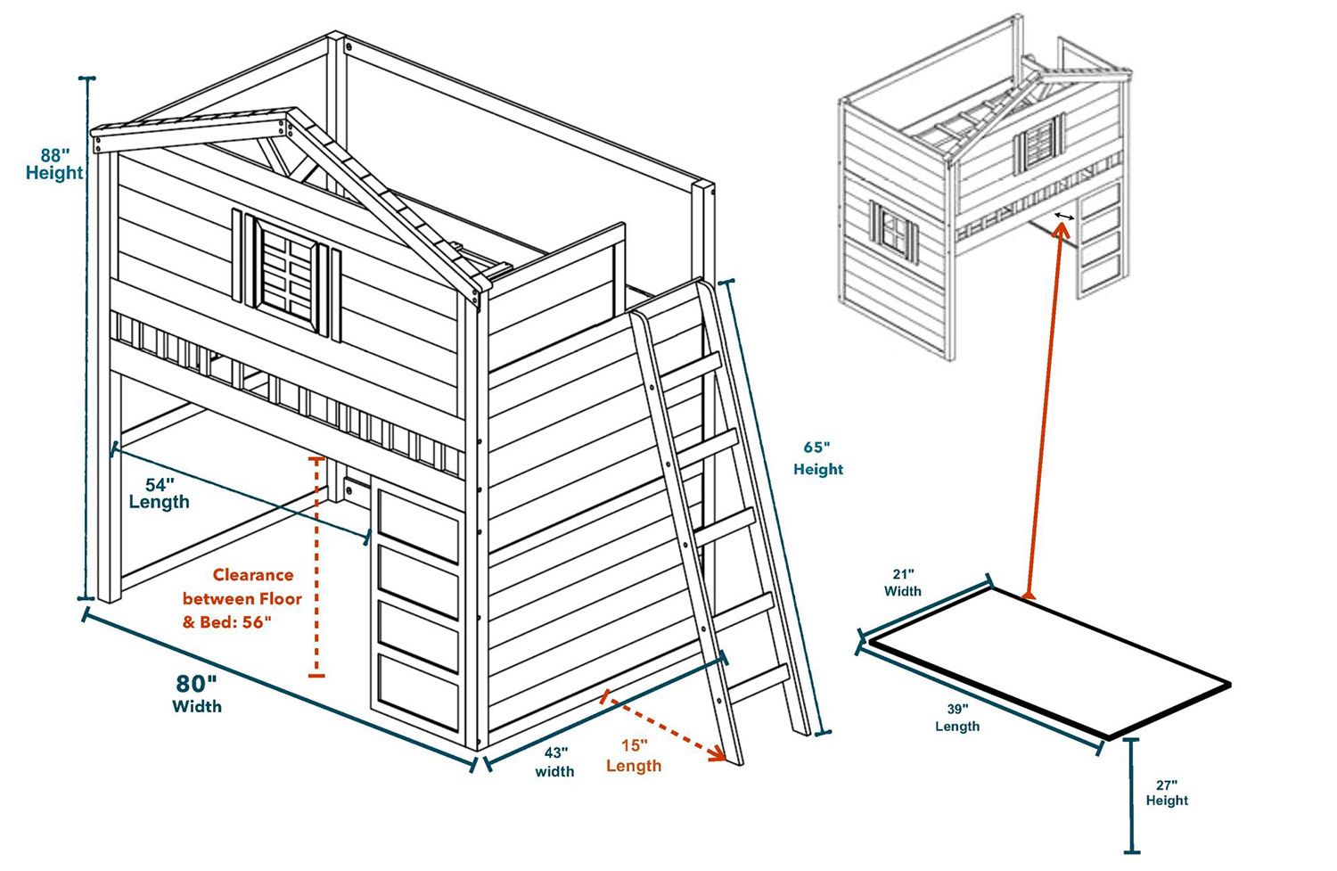 Djalu Twin Tree House Loft Bed with Bookcase - Weathered White