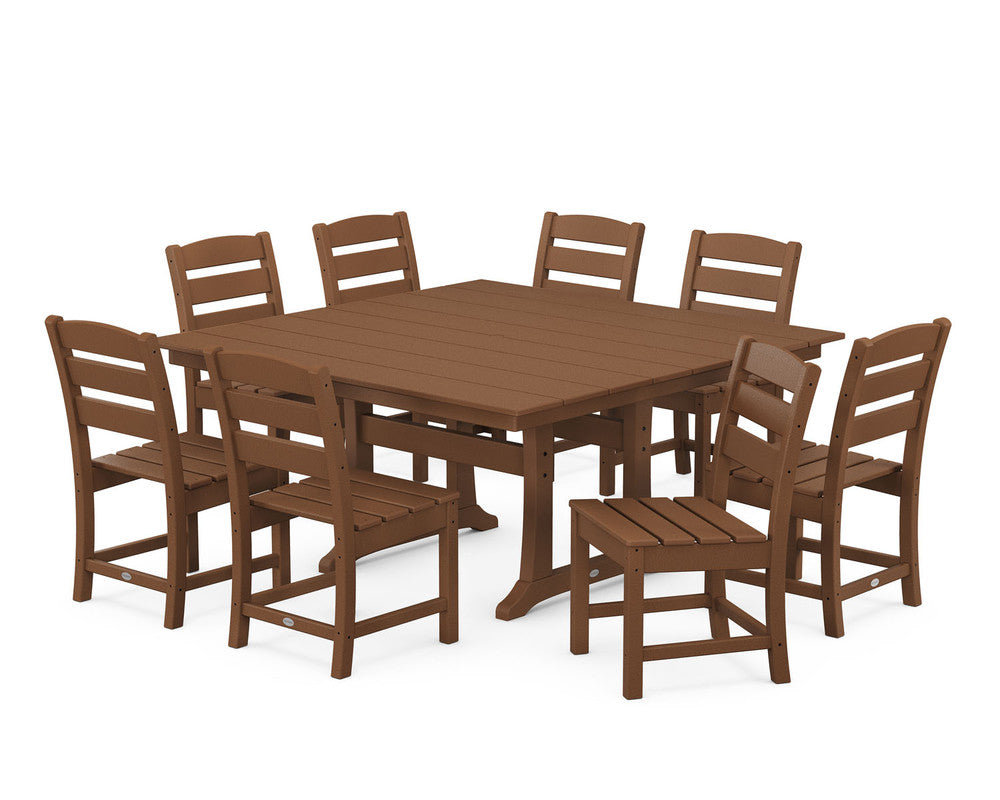 POLYWOOD® Lakeside 9-Piece Farmhouse Trestle Dining Set - Teak