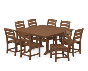 POLYWOOD® Lakeside 9-Piece Farmhouse Trestle Dining Set - Teak