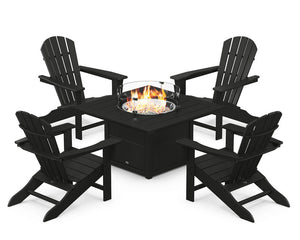 POLYWOOD® Palm Coast 5-Piece Adirondack Chair Conversation Set with Fire Pit Table - Black