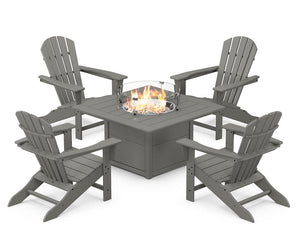 POLYWOOD® Palm Coast 5-Piece Adirondack Chair Conversation Set with Fire Pit Table - Slate Grey