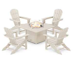 POLYWOOD® Palm Coast 5-Piece Adirondack Chair Conversation Set with Fire Pit Table - Sand