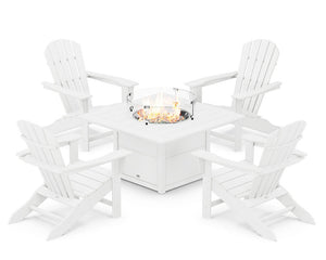 POLYWOOD® Palm Coast 5-Piece Adirondack Chair Conversation Set with Fire Pit Table - White
