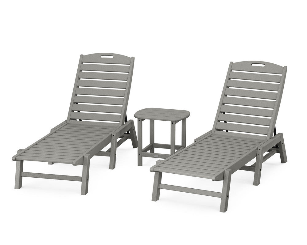 POLYWOOD® Nautical 3-Piece Chaise Lounge Set with South Beach 18" Side Table - Slate Grey