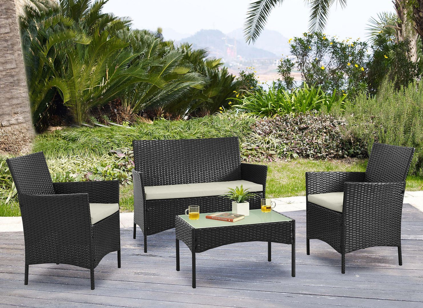 Lavaca 4-Piece Outdoor Conversation Set - Black/Cream