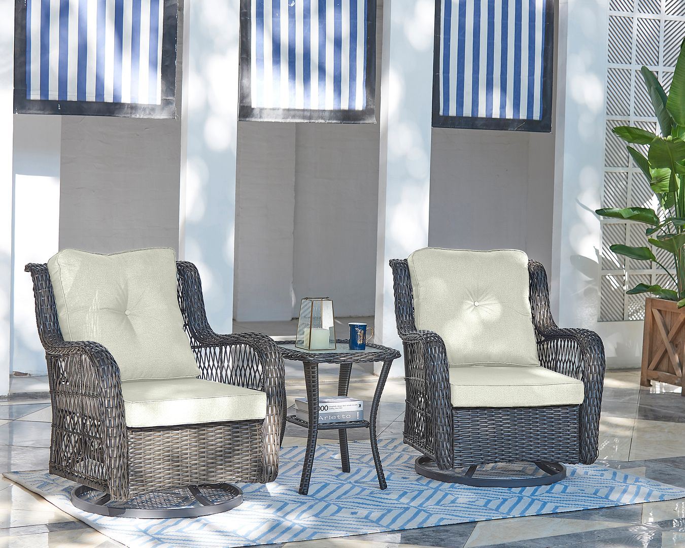 Cypremort Swivel 3-Piece Outdoor Conversation Set - Mixed Grey Weave/Cream