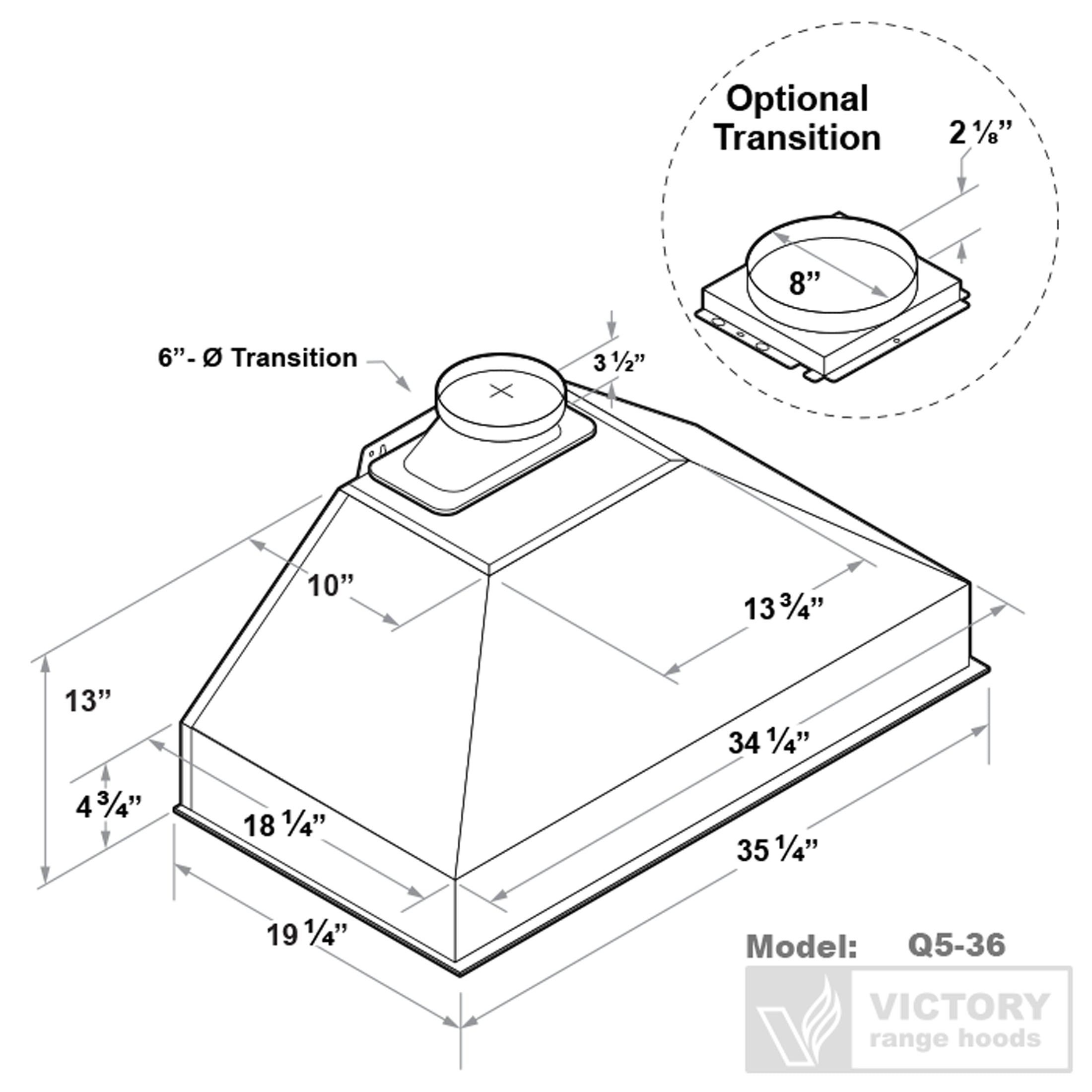 VICTORY Stainless Steel 36" 750 CFM Range Hood Insert - Q5-36