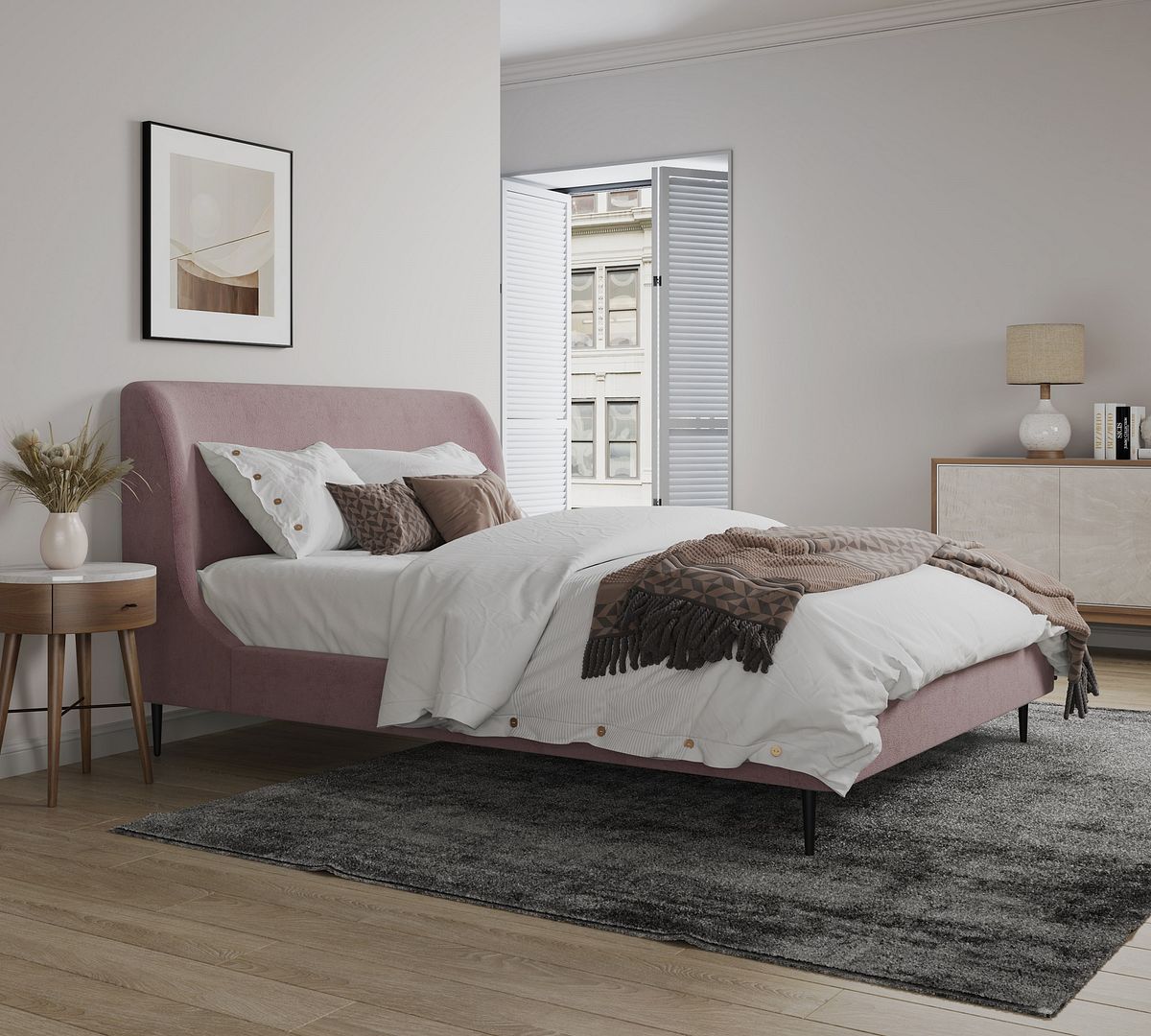 Stege Queen Bed - Blush/Black Legs