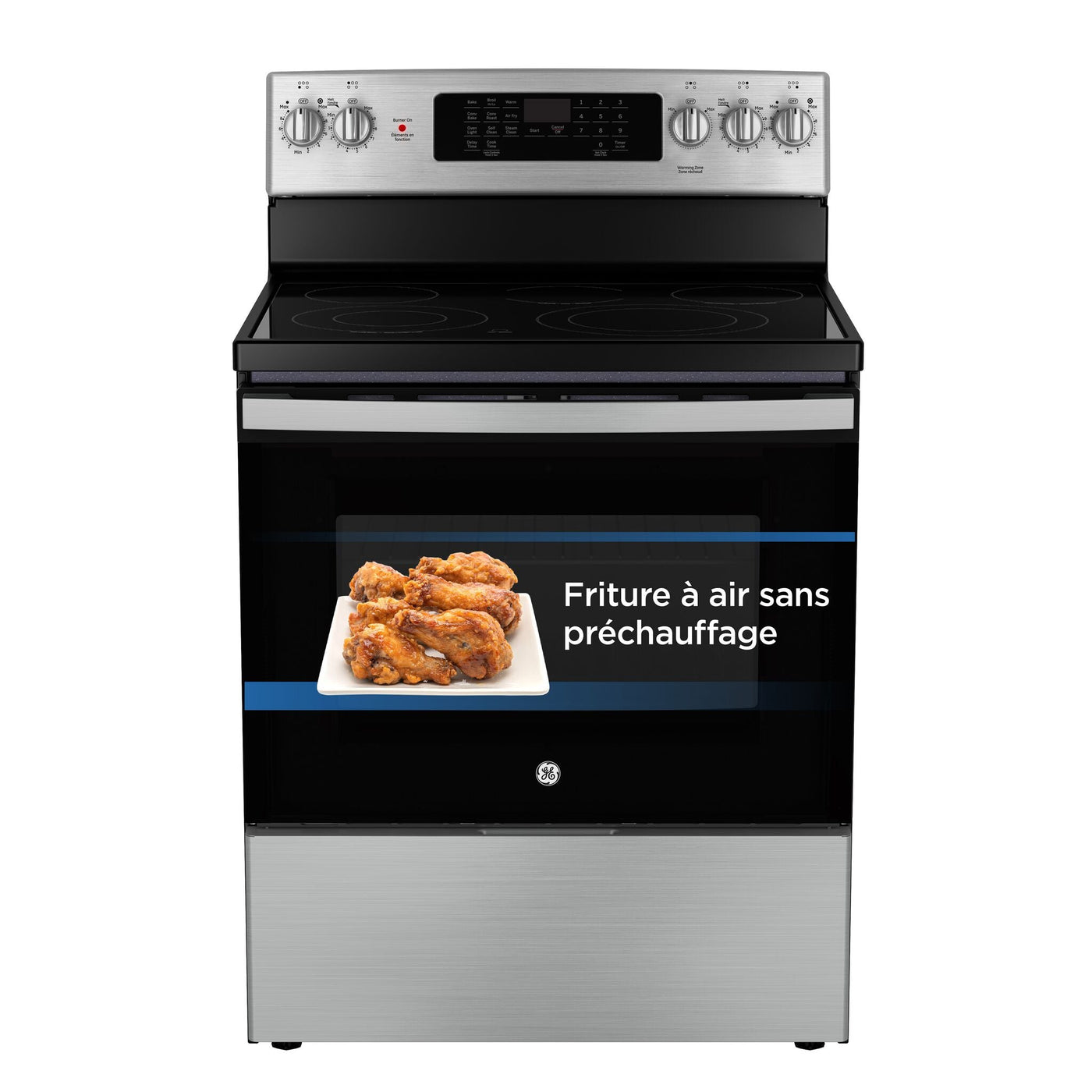 GE Cuisinière électrique 5,0 pi³ autonome à convection avec friture à air sans préchauffage acier inoxydable JCB840STSS--