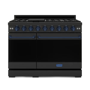 Thor Kitchen Série Gordon Ramsay Cuisinière au gaz professionnelle autonome 7,0 pi³ four double acier inoxydable noir RSG48EB-BLU