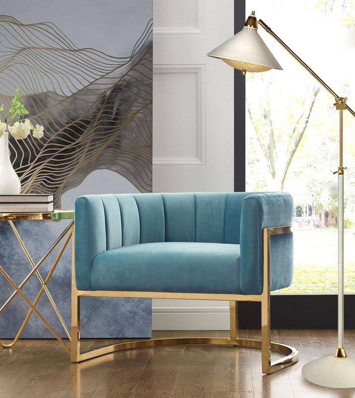Indus Velvet Accent Chair - Sea Blue/Gold