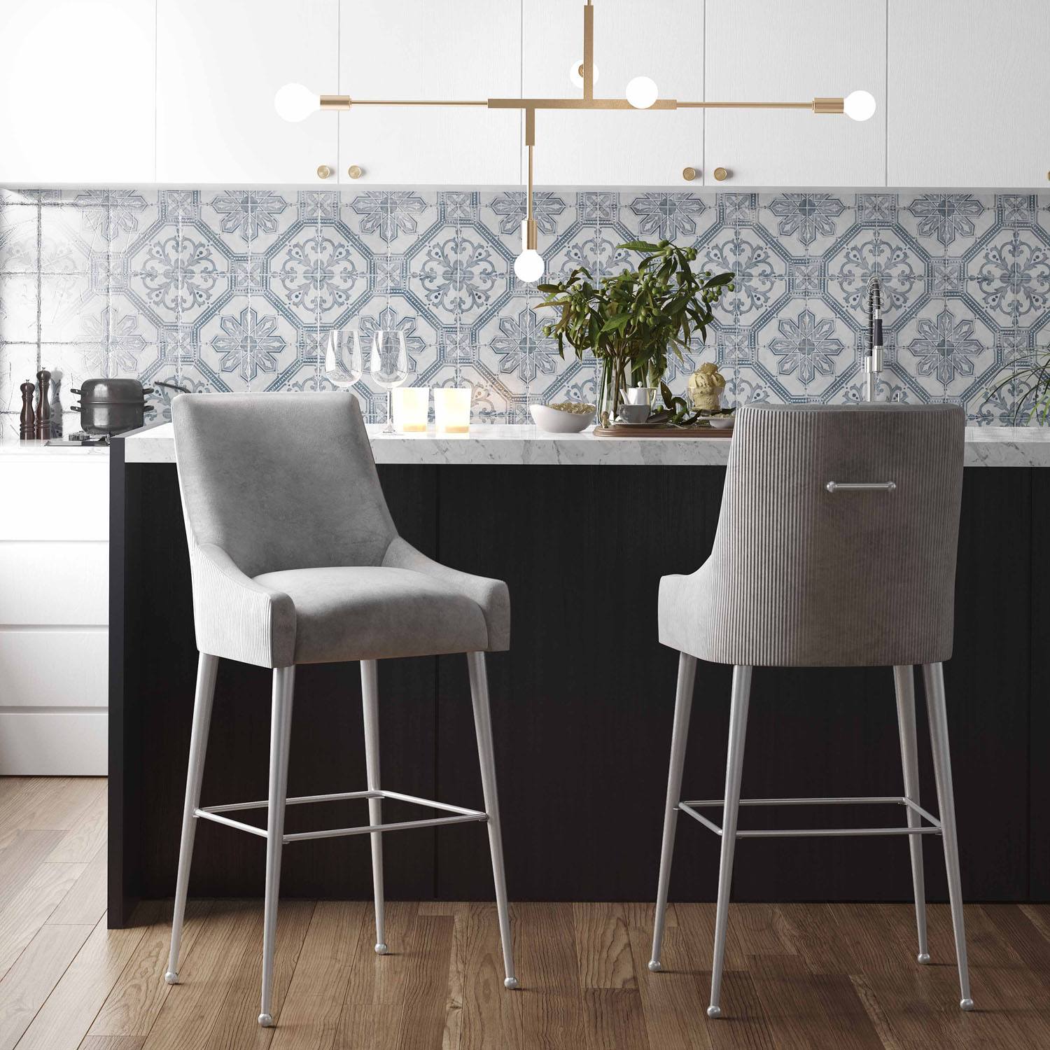 Aries Velvet Counter Stool - Light Grey