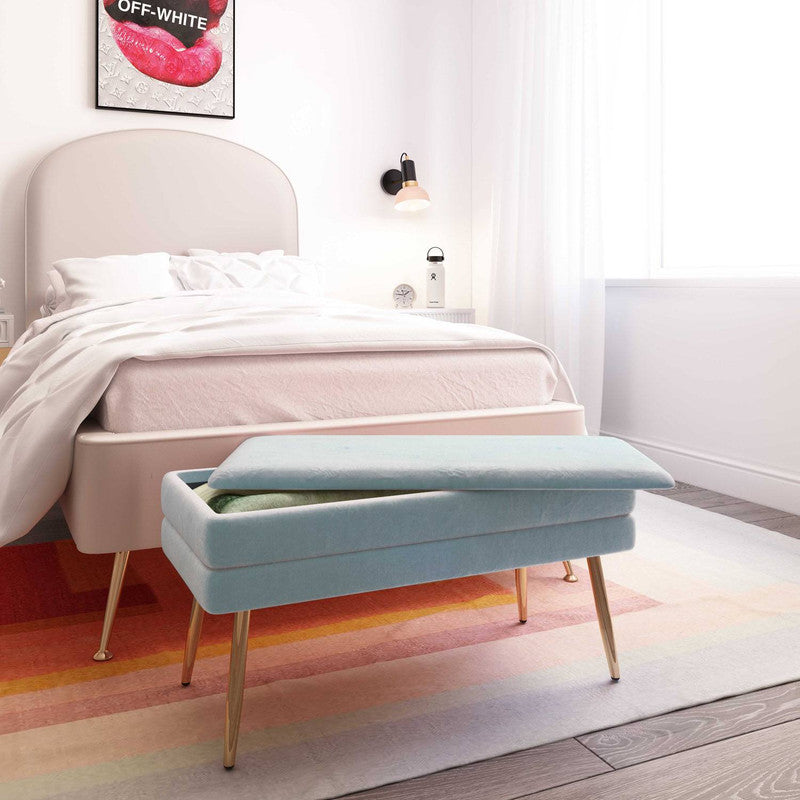 Zeo Velvet Storage Bench - Sea Blue