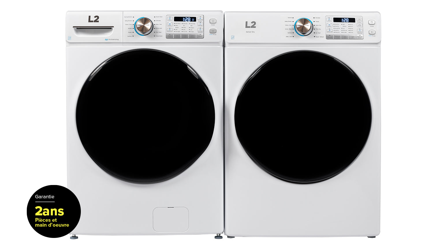 L2 Laveuse à chargement frontal 5,2 pi³ blanc et sécheuse électrique 8,0 pi³ blanc - LF52N3AWW/LE52N3AWW--