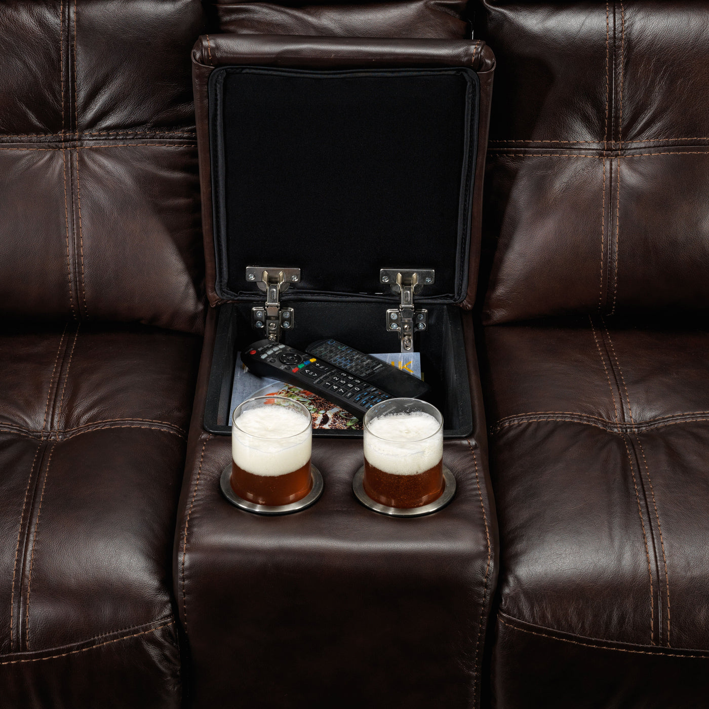 Cooper Reclining Leather Sofa, Reclining Loveseat with Console and Recliner Set - Brown