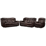 Cooper Reclining Leather Sofa, Reclining Loveseat with Console and Recliner Set - Brown