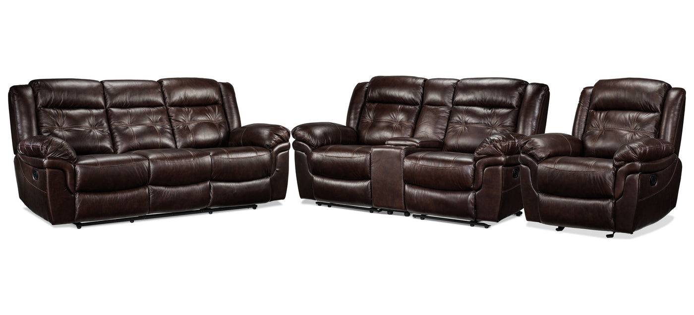 Cooper Reclining Leather Sofa, Reclining Loveseat with Console and Recliner Set - Brown