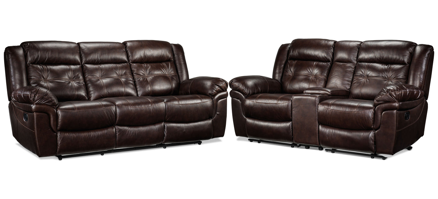 Cooper Reclining Leather Sofa and Loveseat with Console Set - Brown